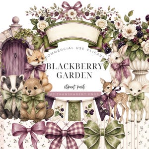 Blackberry Garden Baby Shower Clipart, Mauve Berry Akvarell PNG, Stuga Blommiga Rosetter, Ramar & Seamless Mönster
