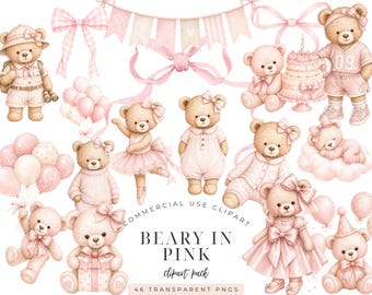 Pink Teddy Bear Clipart for Birthday Invitation, Baby Shower Teddy Bear PNG, Coquette Bow Teddy Clipart, Soft Pink Nursery Bear Printable