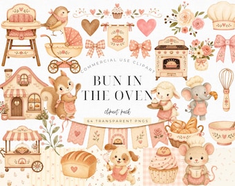 Bun in the Oven Baby Shower Clipart, Bakery Baby Shower PNG, Watercolor Bread Pastry Clip Art, Pink Beige Baby Shower