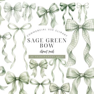 May include: A collection of watercolour sage green bows in various styles, including solid and gingham patterns. The text reads COMMERCIAL USE CLIPART SAGE GREEN BOW clipart pack 35 TRANSPARENT PNGS. These decorative ribbon illustrations are arranged.