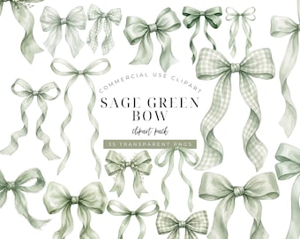 May include: A collection of watercolor sage green bows in various styles, including solid and gingham patterns. The text reads COMMERCIAL USE CLIPART SAGE GREEN BOW clipart pack 35 TRANSPARENT PNGS. These decorative ribbon illustrations are arranged.
