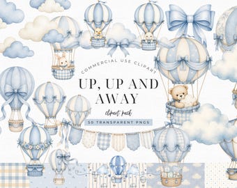 Up Up and Away Baby Shower Clipart Bundle, Dusty Blue Hot Air Balloon PNG, Watercolor Nursery Invitation Elements & Patterns