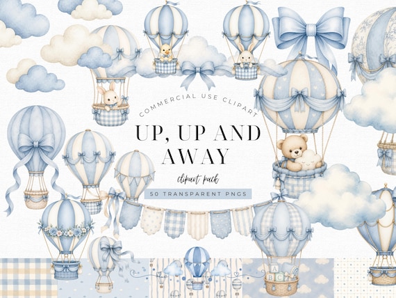 Up Up and Away Baby Shower Clipart Bundle, Dusty Blue Hot Air Balloon PNG, Watercolor Nursery Invitation Elements & Patterns