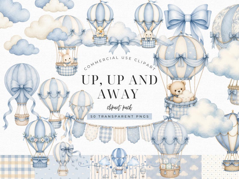 Puede incluir: Una colecci&oacute;n de im&aacute;genes predise&ntilde;adas digitales con ilustraciones en acuarela de globos aerost&aacute;ticos en azul claro y crema, nubes esponjosas, lazos y banderines. El texto dice: COMMERCIAL USE CLIPART UP, UP AND AWAY clipart pack 50 TRANSPARENT PNGS.