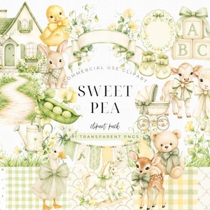 Peut inclure: Une collection d'images clipart numériques présentant des illustrations à l'aquarelle d'un cottage, d'un poussin, d'un lapin, d'une cosse de petits pois, d'un landau, d'agneaux, d'un ours en peluche, d'un faon, d'un cheval à bascule et de fanions.