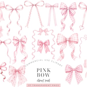 Könnte beinhalten: Eine Sammlung verschiedener rosa Schleifen in unterschiedlichen Stilen, darunter einfarbige, karierte und florale Muster. Der Text lautet COMMERCIAL USE CLIPART PINK BOW clipart pack 37 TRANSPARENT PNGS. Diese digitalen Illustrationen zeigen Bänder.