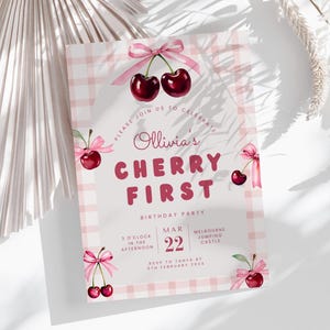 Invitación de primer cumpleaños de cereza, editable, para niña, imprimible, descarga instantánea, en rojo y rosa.