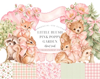 May include: A digital clipart collection featuring watercolor illustrations of a fox, raccoon, chipmunk, bear, deer, and hedgehog adorned with pink bows, surrounded by poppy flowers and trees, with text reading LITTLE BLUSH PINK POPPY GARDEN.
