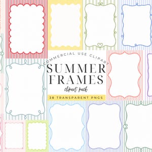 May include: A selection of colourful decorative frames with white centres, set against a striped background. The frames vary in shape and style, with scalloped edges and delicate line art. Text reads "Summer Frames Clipart Pack".