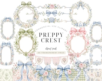 Preppy Baby Shower Clipart Bundle, Grandmillennial Crest PNG, Toile Frames, Bows, Gingham Backgrounds, Invitation Creator Kit