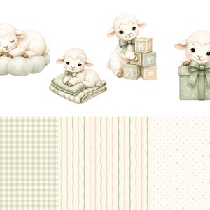 May include: A digital illustration set featuring four white lambs in various poses: sleeping on a cloud, resting on a blanket, playing with alphabet blocks labeled BABY, and sitting behind a gift box. Below are three patterns: green gingham, vertical stripes, and white polka dots.