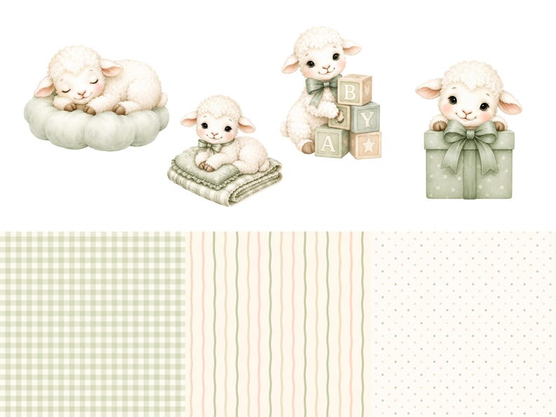 May include: A digital illustration set featuring four white lambs in various poses: sleeping on a cloud, resting on a blanket, playing with alphabet blocks labeled BABY, and sitting behind a gift box. Below are three patterns: green gingham, vertical stripes, and white polka dots.