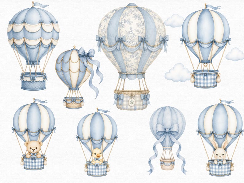 Puede incluir: Una colecci&oacute;n de ocho globos aerost&aacute;ticos estilo acuarela en tonos azul claro y crema. Los globos presentan patrones de rayas, lazos y cestas. Algunas cestas contienen un osito de peluche, un pollito o un conejo, mientras otras est&aacute;n vac&iacute;as.