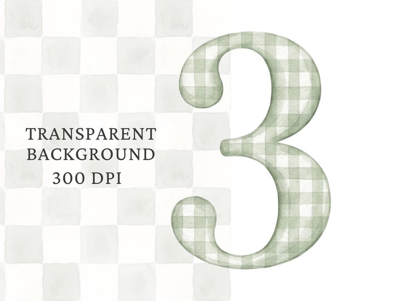 May include: A large numeral three featuring a sage green and white watercolor gingham check pattern. The text "TRANSPARENT BACKGROUND 300 DPI" is printed in black on the left side of the image, overlaid on a faint white checkered pattern.