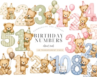 Teddy Bear Birthday Numbers 1-12 Clipart Bundle, Watercolor Milestone PNG, Baby Birthday Invitation, Nursery Party Graphics
