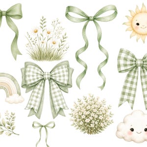 May include: A collection of watercolor illustrations featuring sage green ribbons, gingham bows, a smiling sun, a smiling cloud, a rainbow, a cluster of white daisies, and a small leafy branch, all arranged on a plain white background.