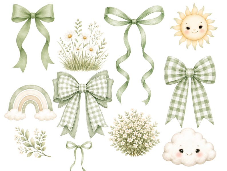May include: A collection of watercolor illustrations featuring sage green ribbons, gingham bows, a smiling sun, a smiling cloud, a rainbow, a cluster of white daisies, and a small leafy branch, all arranged on a plain white background.