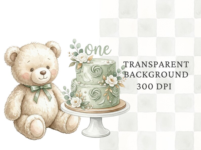 May include: A watercolor illustration of a light brown teddy bear with a sage green bow tie sitting next to a two-tiered sage green cake on a white cake stand. The cake is decorated with white roses, greenery, and a topper that reads One.