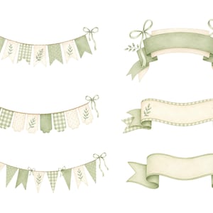 May include: A collection of watercolor illustrations featuring three sets of hanging bunting flags and three decorative ribbons in shades of sage green, cream, and white, decorated with gingham patterns, polka dots, and delicate leaf motifs.