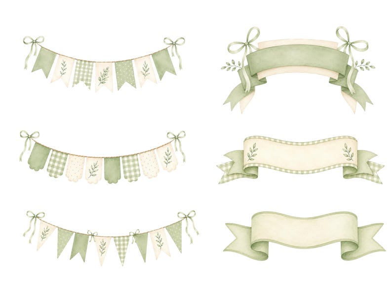 May include: A collection of watercolor illustrations featuring three sets of hanging bunting flags and three decorative ribbons in shades of sage green, cream, and white, decorated with gingham patterns, polka dots, and delicate leaf motifs.