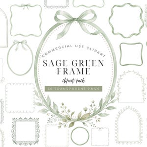 Può includere: Una collezione di cornici verde salvia in varie forme, tra cui ovali, quadrate e ad arco. Le cornici sono decorate con fiocchi, elementi floreali e bordi decorativi. Il testo recita "Sage Green Frame Clipart Pack".