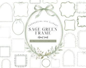 Sage Green Frame Clipart Bundle, Minimal Line Frame PNG Set, Baby Shower Invitation Frames, Neutral Design