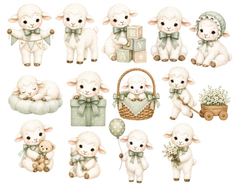 May include: A collection of illustrations featuring white lambs with sage green accents. The lambs are depicted in various poses, including holding a banner, sitting with alphabet blocks, wearing a bonnet, sleeping on a cloud, and pulling a wooden wagon.
