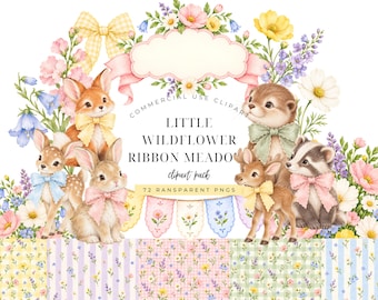 May include: A digital clipart collection featuring watercolor illustrations of a fox, rabbits, a deer, an otter, and a badger adorned with ribbons, surrounded by wildflowers and floral patterns with the text LITTLE WILDFLOWER RIBBON MEADOW.