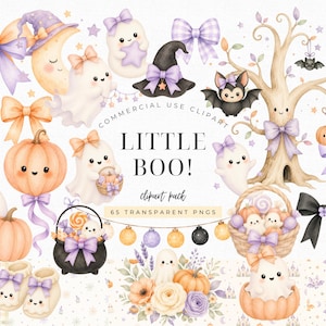 Clipart-Bundle „Little Boo“ für die Babyparty, pastellfarbene Halloween-Aquarell-PNGs, niedliche Geister-Kürbis-Kinderzimmerdekoration, gruselige Einladungsgrafiken für die Babyparty