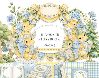 May include: A digital illustration set featuring yellow and green dinosaurs with blue bows reading books, surrounded by floral arrangements, trees, and bunting. Text reads: COMMERCIAL USE CLIPART DINOSAUR STORYBOOK clipart pack 84 RANSPARENT PNGS.