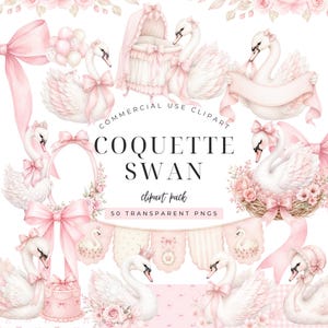 Paquete de imágenes prediseñadas de cisnes elegantes para baby shower, cisne coqueto rosa suave en formato PNG, lazos de acuarela, marcos florales, elementos para invitaciones de guardería.