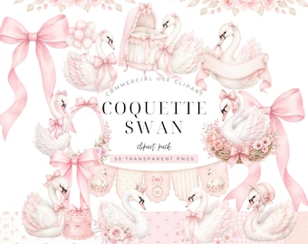 Elegant Swan Baby Shower Clipart Bundle, Soft Pink Coquette Swan PNG, Watercolor Bows, Floral Frames, Nursery Invitation Elements