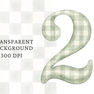 May include: A digital graphic of the number two featuring a sage green and white watercolor gingham check pattern. The text Transparent Background 300 DPI is printed in black on the left side of the image, set against a light gray checkerboard.
