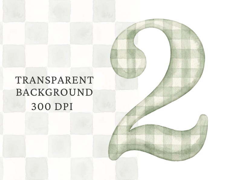 May include: A digital graphic of the number two featuring a sage green and white watercolor gingham check pattern. The text Transparent Background 300 DPI is printed in black on the left side of the image, set against a light gray checkerboard.