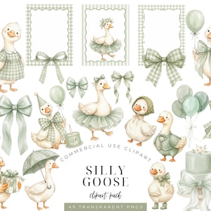 May include: A collection of watercolor illustrations featuring geese in sage green outfits, including dresses, tutus, and hats, alongside decorative elements like gingham bows, balloons, cakes, and frames with the text Silly Goose clipart pack.