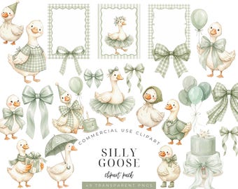 Sage Green Silly Goose Clipart Bundle, Baby Shower Goose PNG, Cute Goose Birthday Invitation Set, Nursery Gingham Bow Balloon Cake Clipart