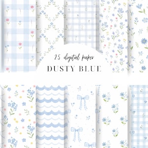 Può includere: Una collezione di 25 carte digitali con motivi blu polvere che includono strisce verticali, quadretti vichy, onde smerlate, fiocchi e motivi floreali ad acquerello con piccoli fiori blu e rosa su sfondi bianchi e azzurri.