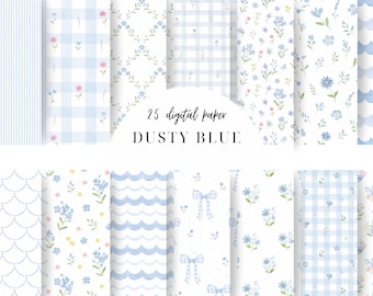 May include: A collection of 25 digital papers featuring dusty blue patterns including vertical stripes, gingham checks, scalloped waves, bows, and watercolor floral motifs with small blue and pink flowers on white and light blue backgrounds.