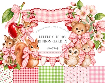 Cherry Baby Shower Watercolor Clipart PNG Bundle, Pink Gingham Bows, Woodland Animals, Scalloped Frames & Seamless Patterns