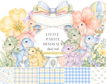 May include: A digital clipart collection featuring watercolor illustrations of pastel-colored dinosaurs, large flowers, a hot air balloon, and a decorative bow. The text reads Little Pastel Dinosaur Clipart Pack 83 Transparent PNGs.