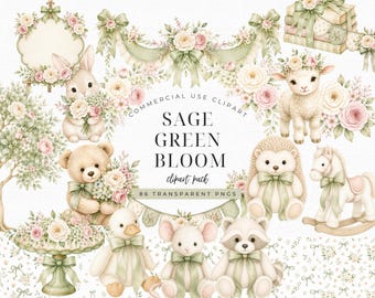 May include: A digital clipart collection featuring watercolor illustrations of animals including a rabbit, lamb, bear, hedgehog, horse, duck, mouse, and raccoon, all adorned with sage green bows and pink floral arrangements, with the text Sage Green Bloom.