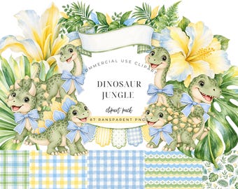 May include: A digital graphic set featuring watercolor illustrations of green dinosaurs wearing light blue bows, surrounded by yellow hibiscus flowers and tropical leaves. The text reads: COMMERCIAL USE CLIPART DINOSAUR JUNGLE clipart pack 87 RANSPARENT PNGS.