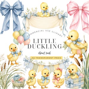 May include: A digital clipart collection featuring yellow ducklings, blue and pink bows, pastel balloons, floral banners, and cattails. The text reads: COMMERCIAL USE CLIPART LITTLE DUCKLING clipart pack 52 TRANSPARENT PNGS. Watercolor style illustrations.