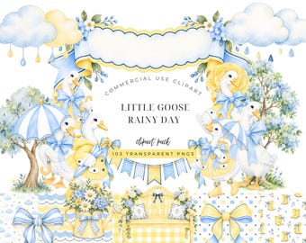 Little Goose Rainy Day Club Baby Shower Clipart, Powder Blue & Butter Yellow Watercolor Goose PNG, Umbrella Boots Invitation Graphics