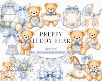 Preppy Teddy Bear Baby Shower Clipart Bundle, Dusty Blue Teddy PNG, Watercolor Nursery Invitation Creator Kit