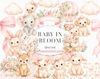Baby in Bloom Clipart, Modern Floral Baby Shower PNG, Watercolor Flower Cart, Blush Pink Nursery Graphics Bundle