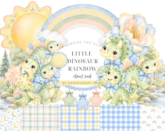 May include: A digital clipart collection featuring light green cartoon dinosaurs with blue bows, a pastel rainbow, a sun, flowers, and stars. The text reads: COMMERCIAL USE CLIPART LITTLE DINOSAUR RAINBOW clipart pack 83 RANSPARENT PNGS.