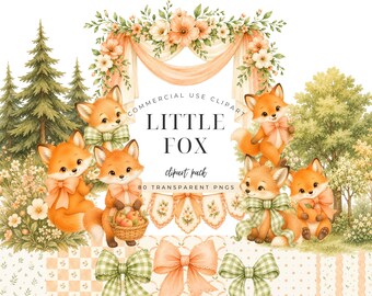 Little Fox Orchard Picnic Baby Shower Clipart PNG, Apricot Fox Watercolor, Woodland Garden Party, Fruit Basket Invitation Graphics