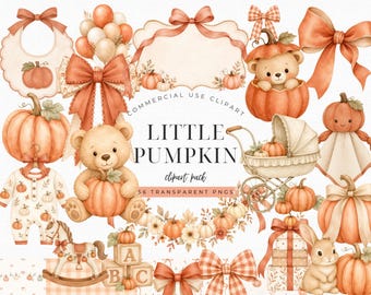 Little Pumpkin Baby Shower Clipart Bundle, Watercolor Pumpkin PNG, Fall Nursery Baby Shower Invitation Creator Kit
