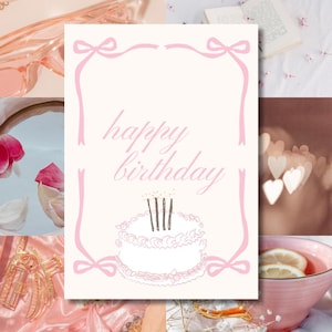 Pink Coquette Birthday Card Printable | Digital Cake & Ribbon Card | Foldable A4 PDF | Aesthetic Birthday Card Download